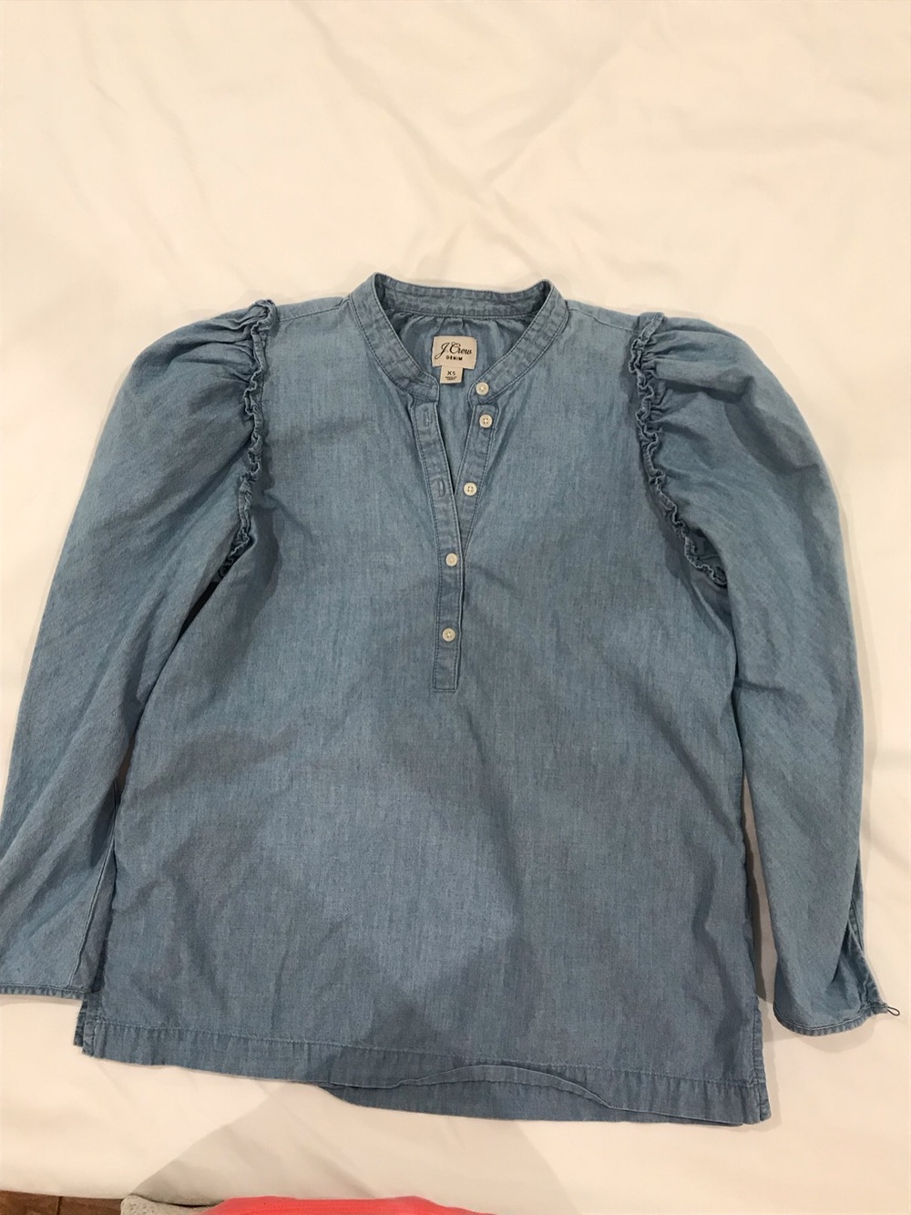 J. Crew Light Blue Denim Ruffle-Shoulder Henley Top-XS size